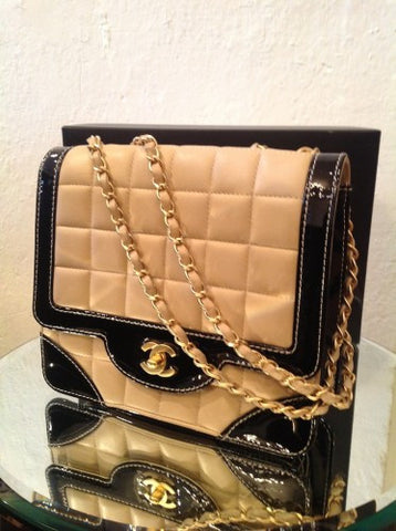 chanel black tan leather chain bag