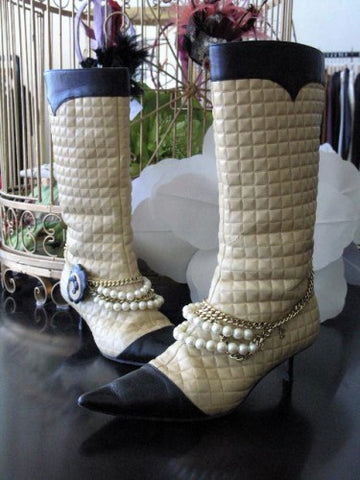 chanel chain quilted leather boots