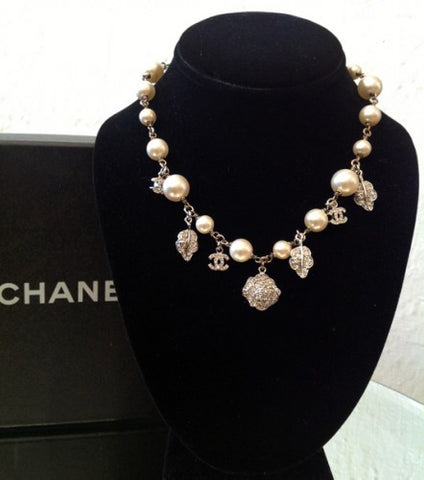 chanel pearl gunmetal necklace