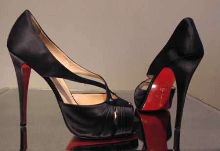 Louboutin Scissor Girl black satin 4″ heels
