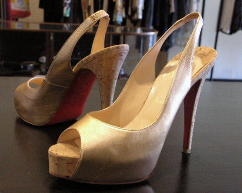 louboutin gold no prive peeptoe cork heels