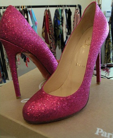 louboutin Lady Lynch heels in fuschia glitter.