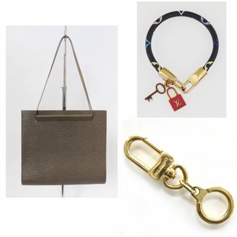 Louis Vuitton ‘smalls’: St Tropez Epi grey bag, Luck It leather charm bracelet, keychain/extender. 