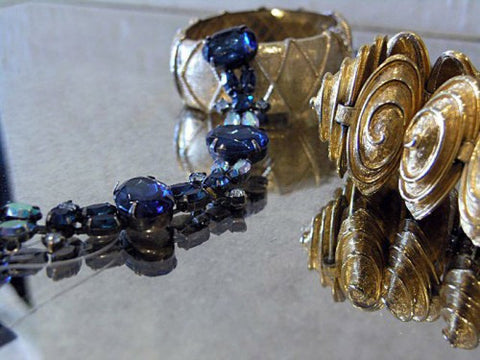 Vintage bracelets! Hattie Carnegie spiral goldtone bracelet  blue large 5-stone rhinestone bracelet Castlecliff goldtone bangle.
