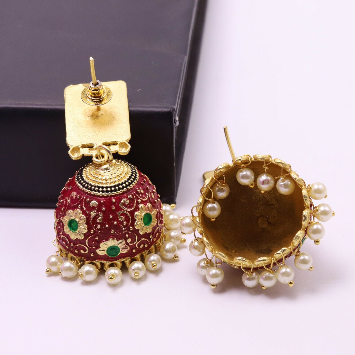 JEWELOPIA Traditional Kundan Gold Plated Red Green Pearl Drop Earrings