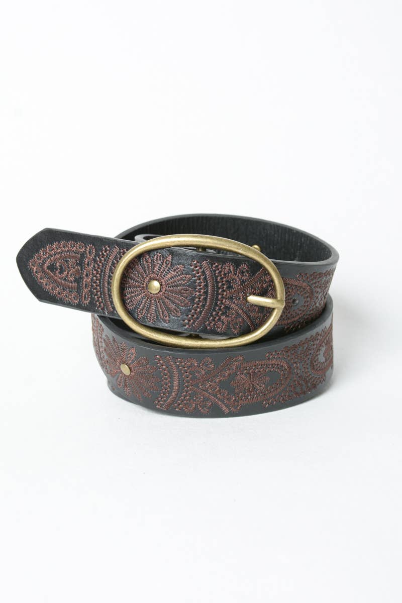 Floral Stitch Oval Buckle Belt