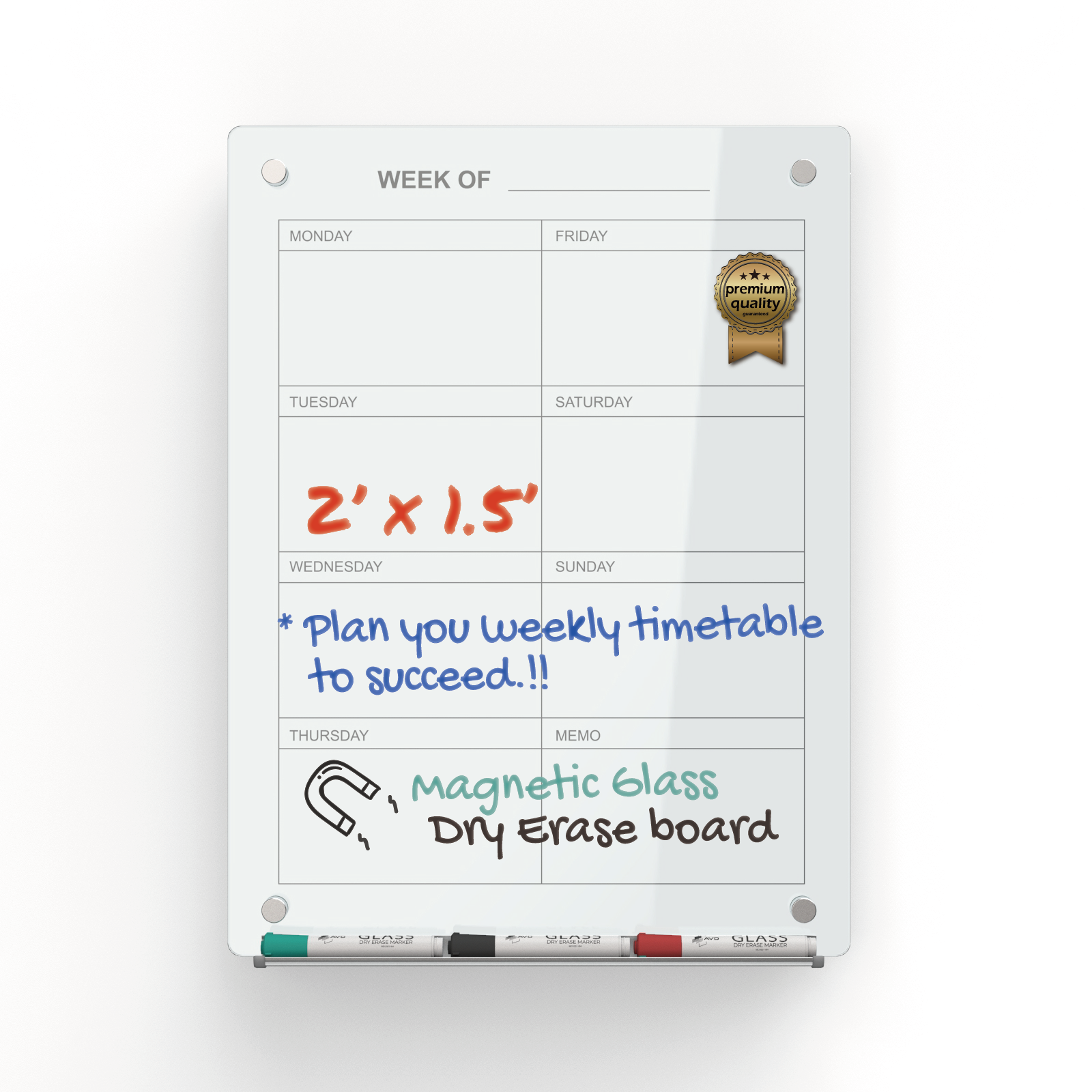 Audio-Visual Direct®  Wall Mounted Glass Board Weekly Task Planner