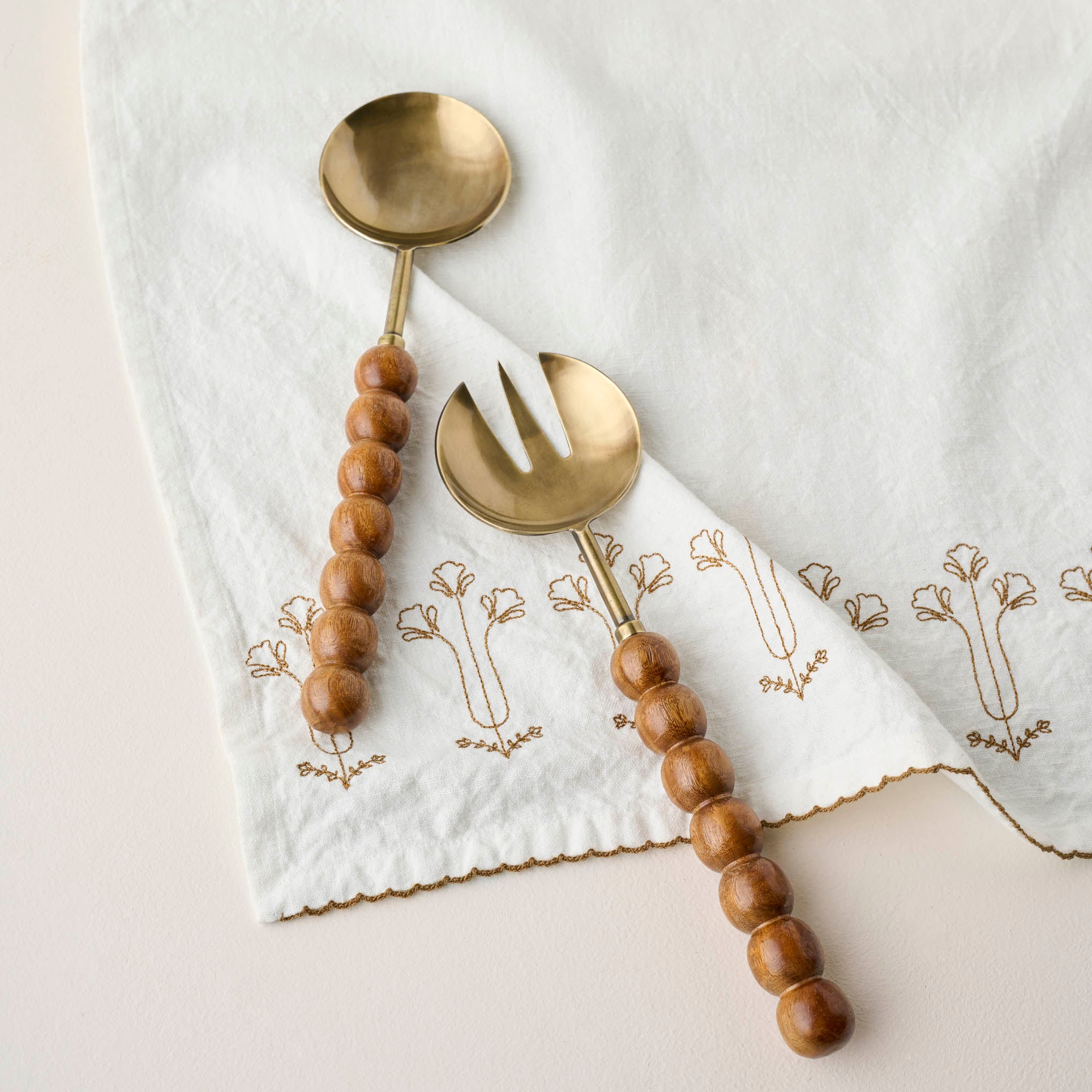 Antique Brass and Beaded Wood Serving Set