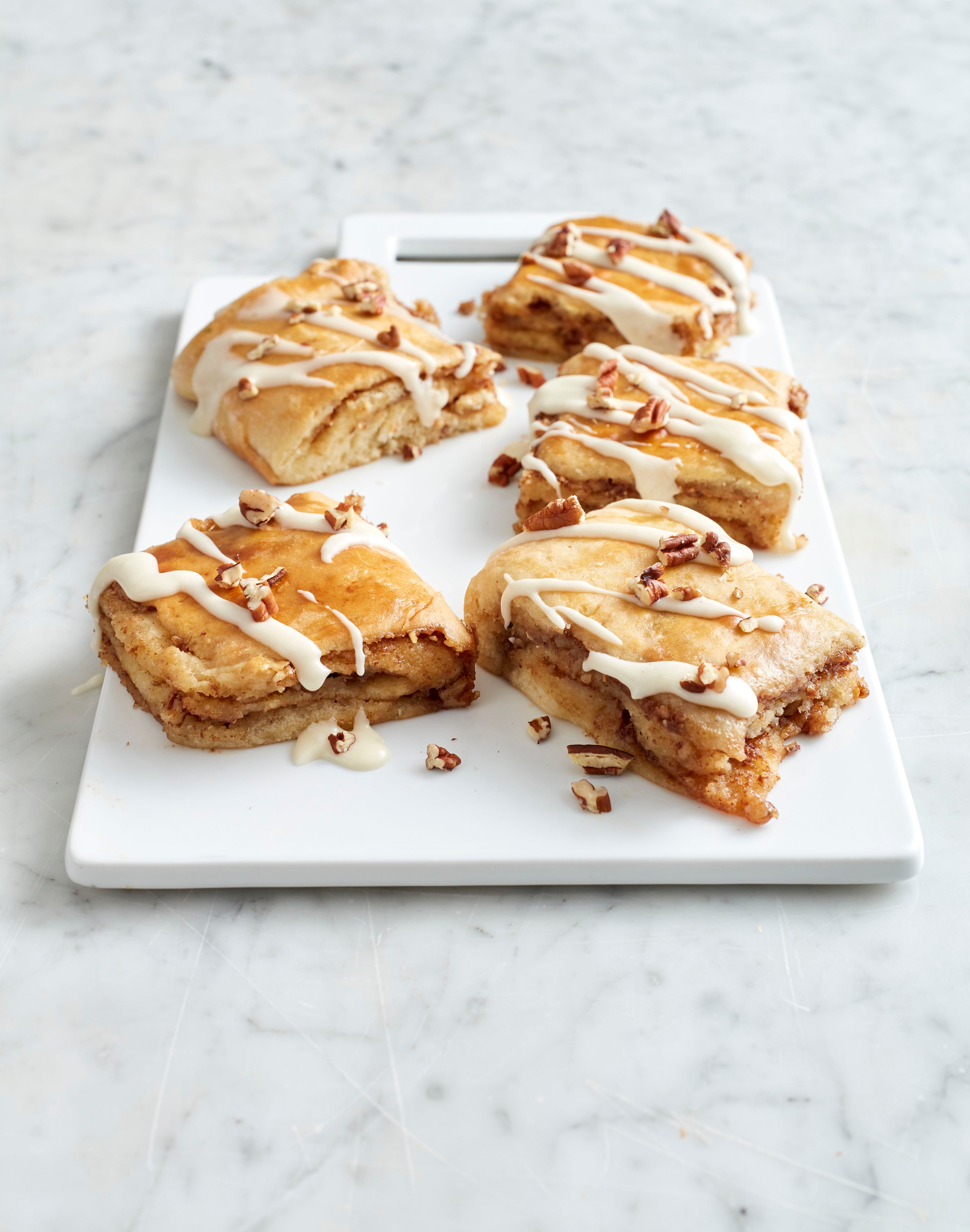 Cinnamon squared with an icing drizzle. 