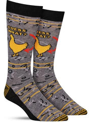 Funny "chicken butt" socks that say, "Guess what?"