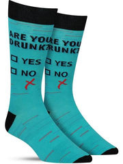 Funny men's socks that say "Are you drunk?"