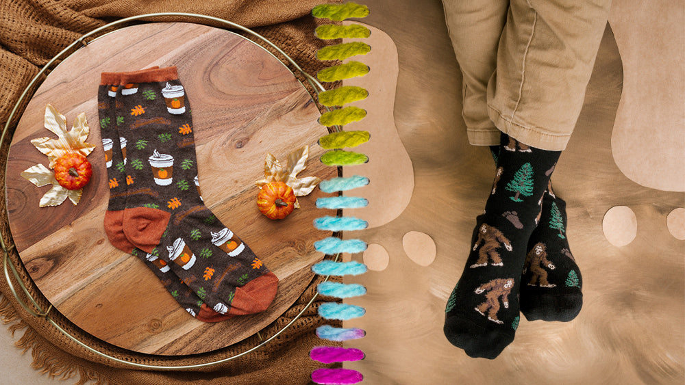 Women's Pumpkin Spice Latte socks and men's Bigfoot socks