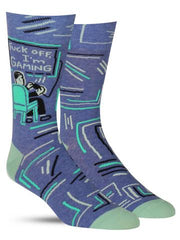 Funny men's video game socks that say, "Fuck off, I'm gaming"