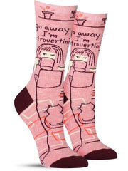 Funny women's socks that say, "Go away, I'm introverting"