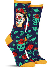 Cool Frida Kahlo socks where she's wearing a Dia de los Muertos mask