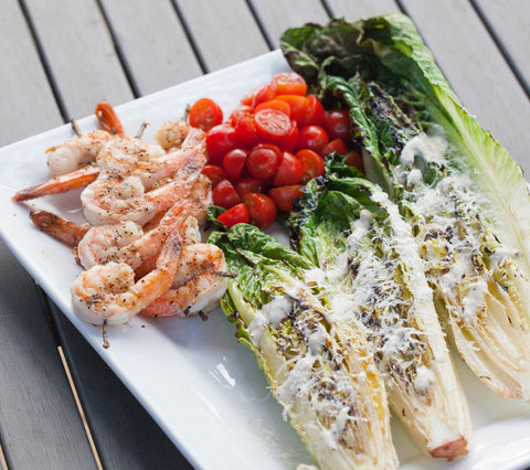 Grilled Romaine with Cilantro Lime Shrimp Skewers