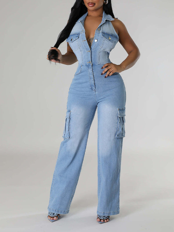 Halter Button-Front Denim Jumpsuit - gorgeousladie product image