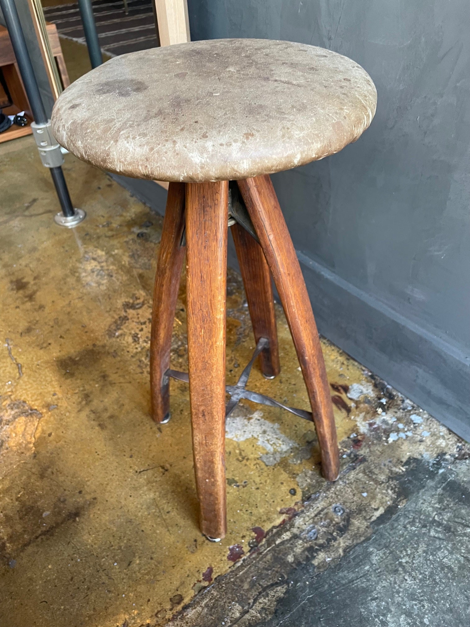 ANTIQUE WOOD AND LEATHER STOOL