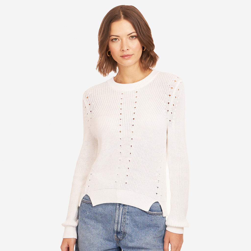 Reverse Jersey Pointelle Crew in White Autumn Cashmere