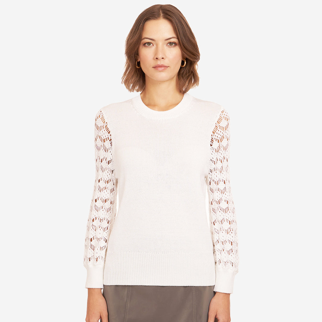 Hi Lo Crew w Sheer Puff Sleeves in White Autumn Cashmere