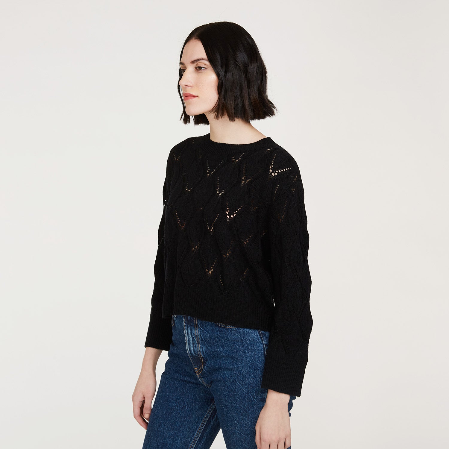 Leaf Pointelle Cropped Boxy Crew in Black | Autumn Cashmere
