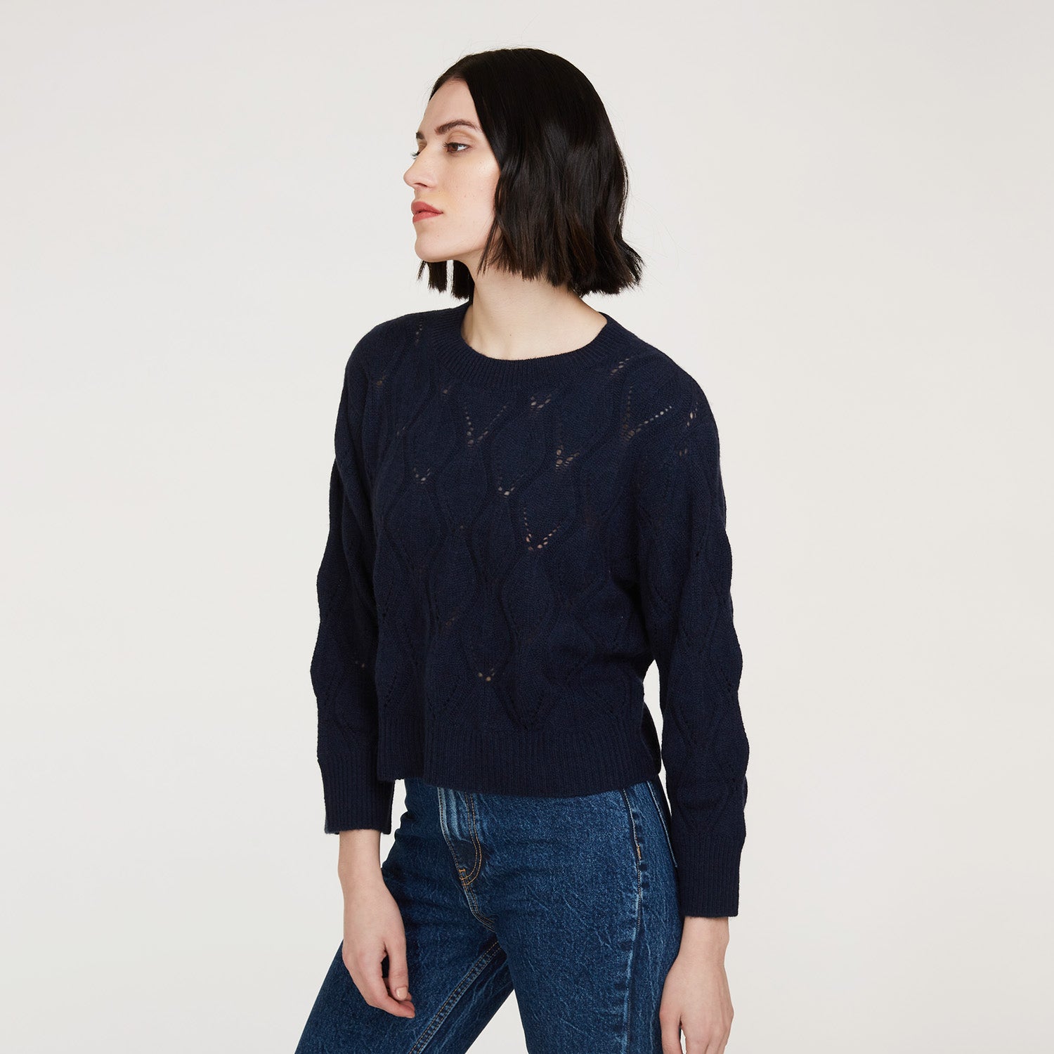 Leaf Pointelle Cropped Boxy Crew in Navy | Autumn Cashmere