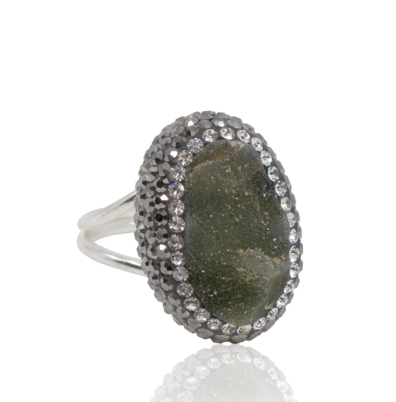 Sterling Silver Lush Moss Green Druzy Quartz Adjustable Ring