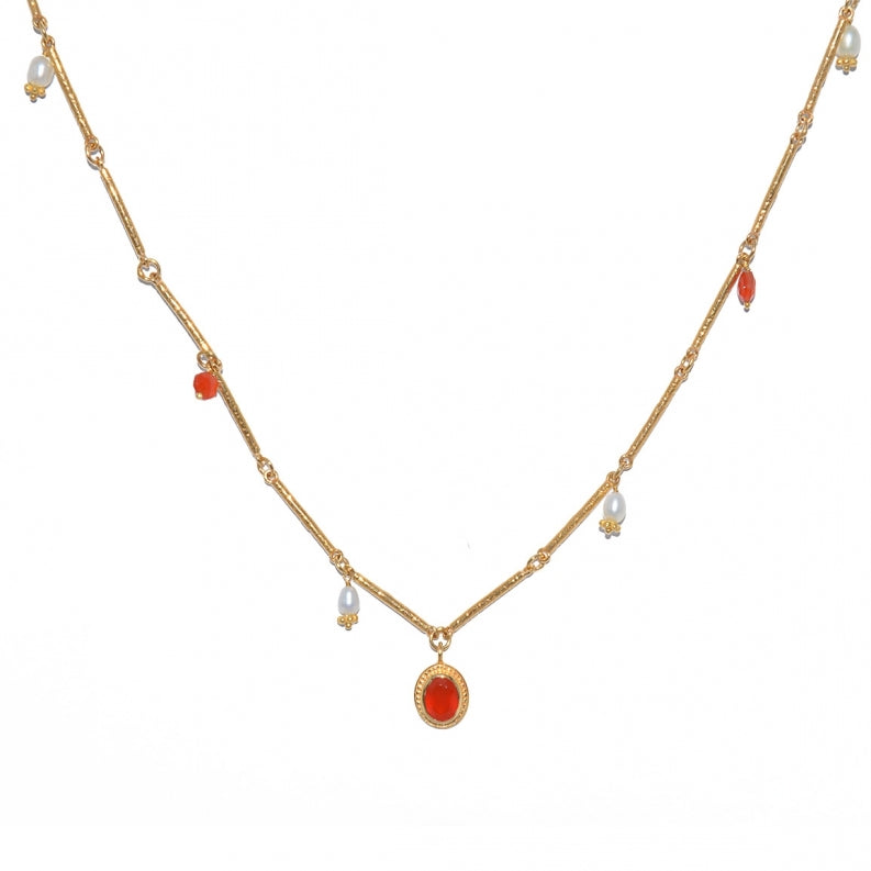 Red Onyx and Cultured Pearl Gold Plated Cord Necklace