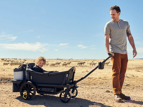 dad pulling child in veer stroller wagon on rough terrain