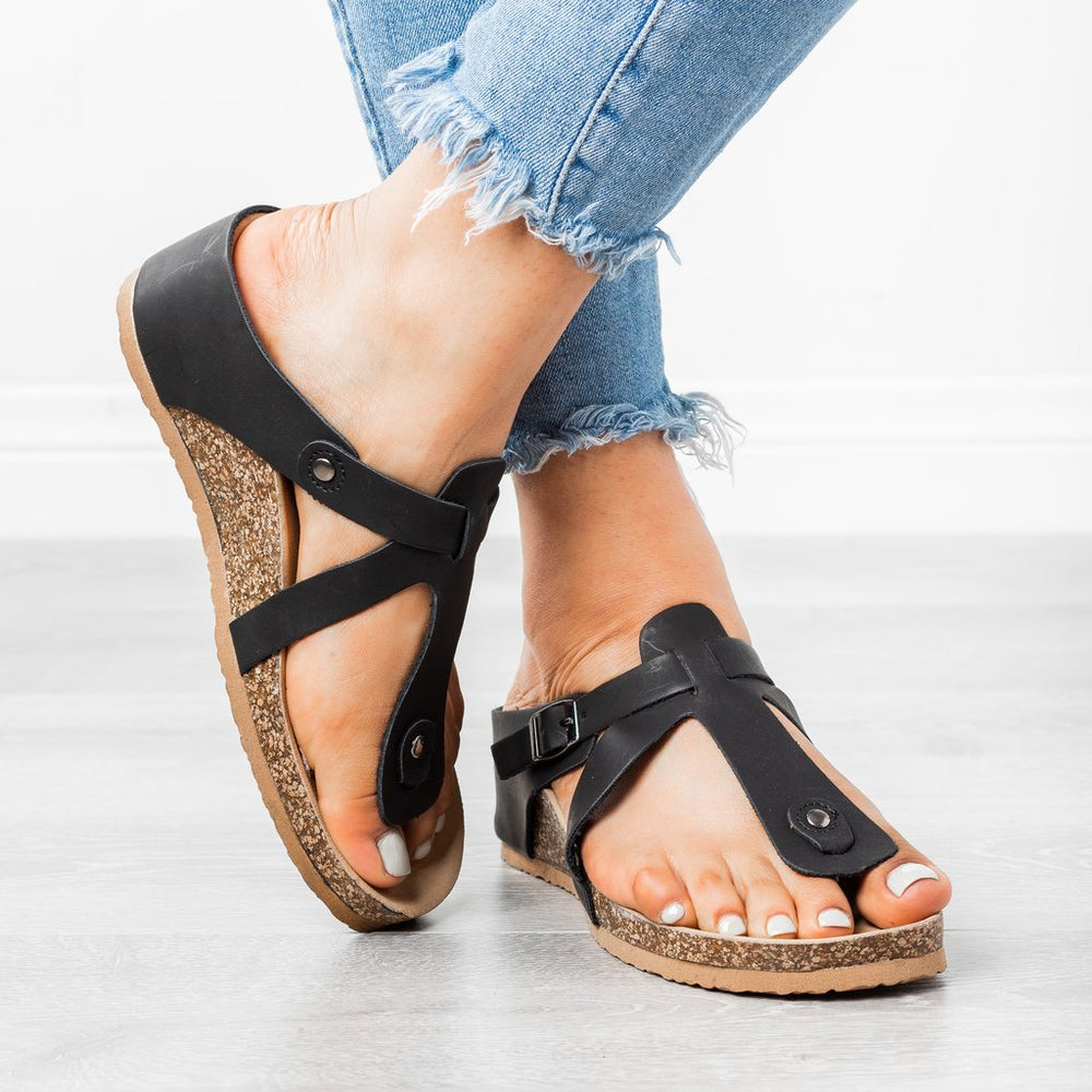 Vicmyth Sandals Wedge Heel Flip-Flops Buckle Casual Black Sandals – vicmyth