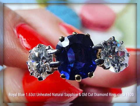 Royal blue 1.63ct unheated natural sapphire & old cut diamond ring, circa 1920