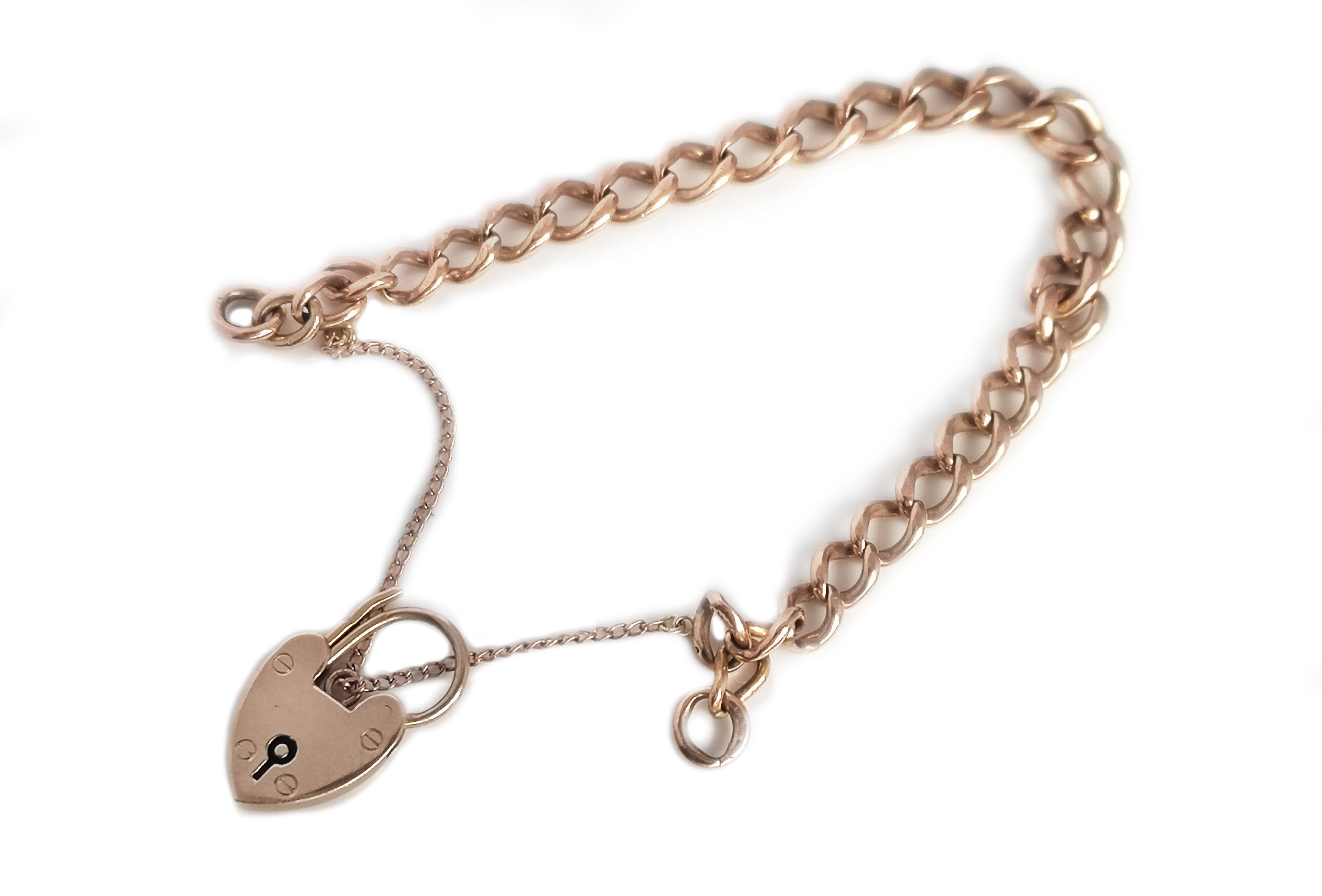 Vintage English 9k Rose Gold Curb Chain Heart Padlock Bracelet 7.7