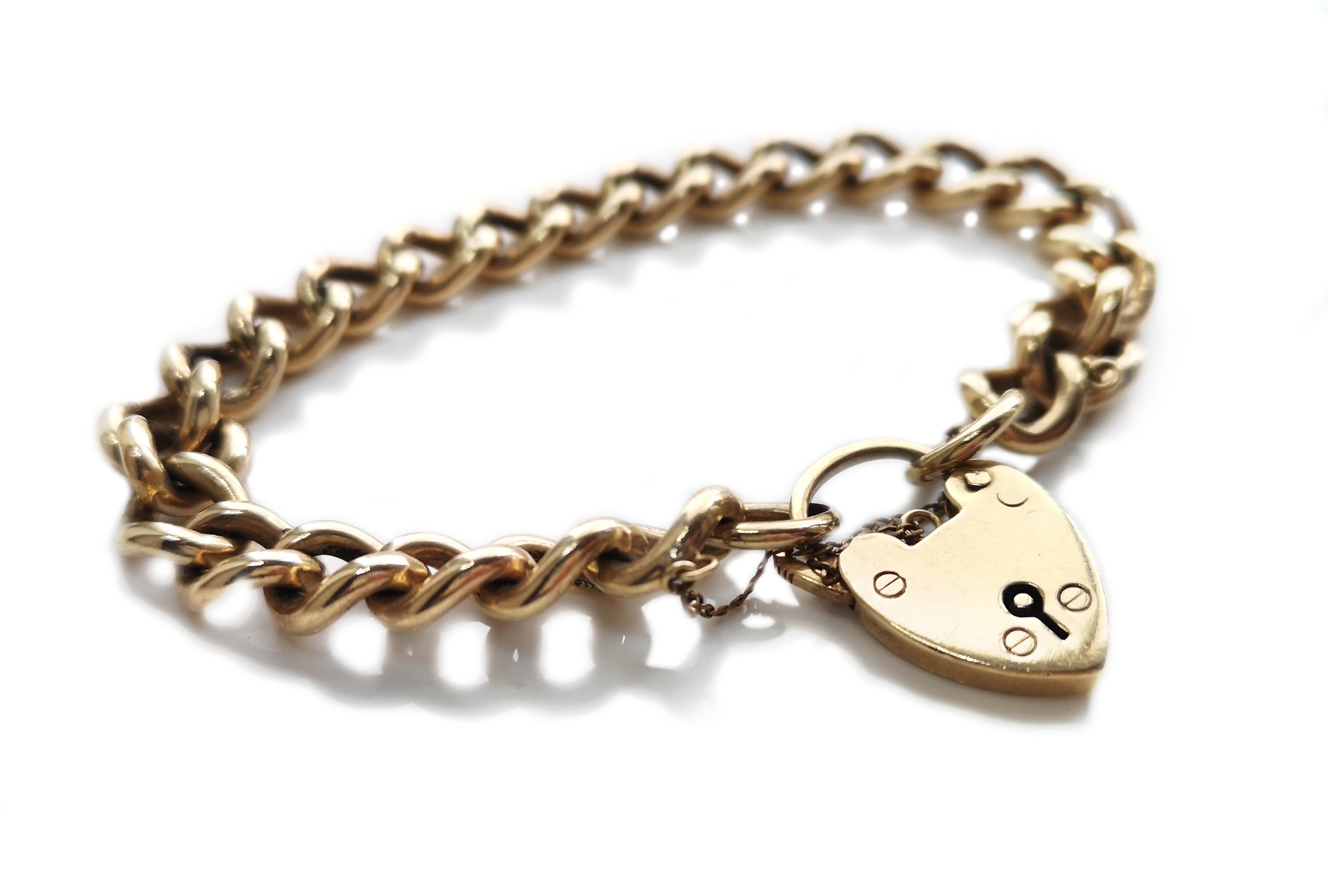 Vintage English 9k Rose Gold Curb Chain Heart Padlock Bracelet 7.7