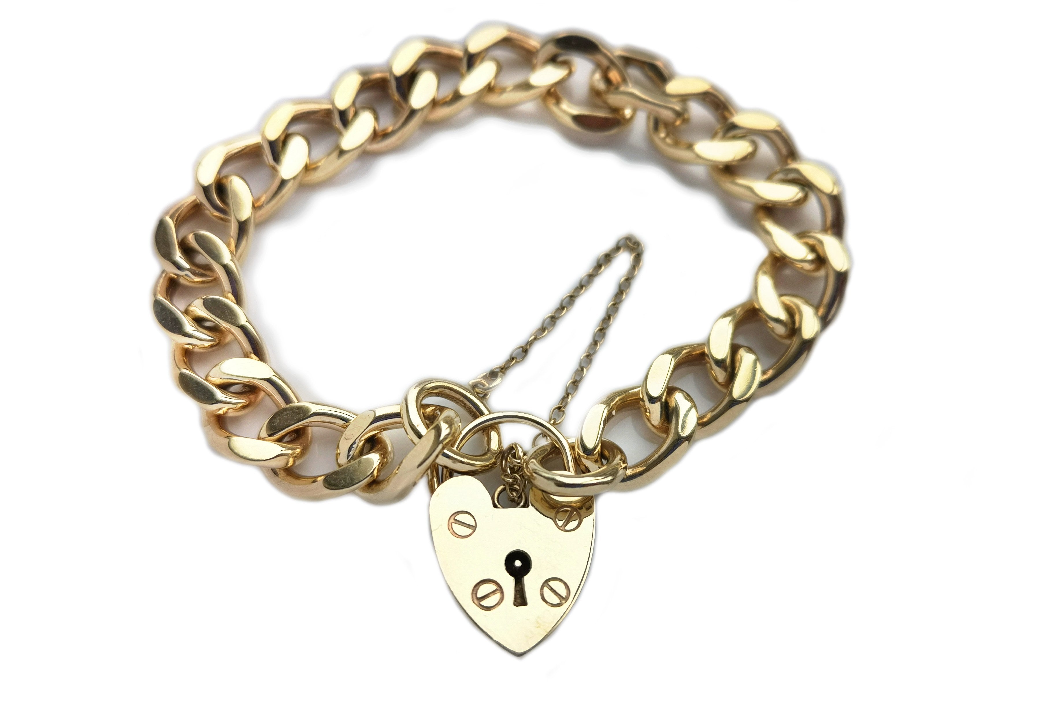 Vintage English 9k Rose Gold Curb Chain Heart Padlock Bracelet 7.7