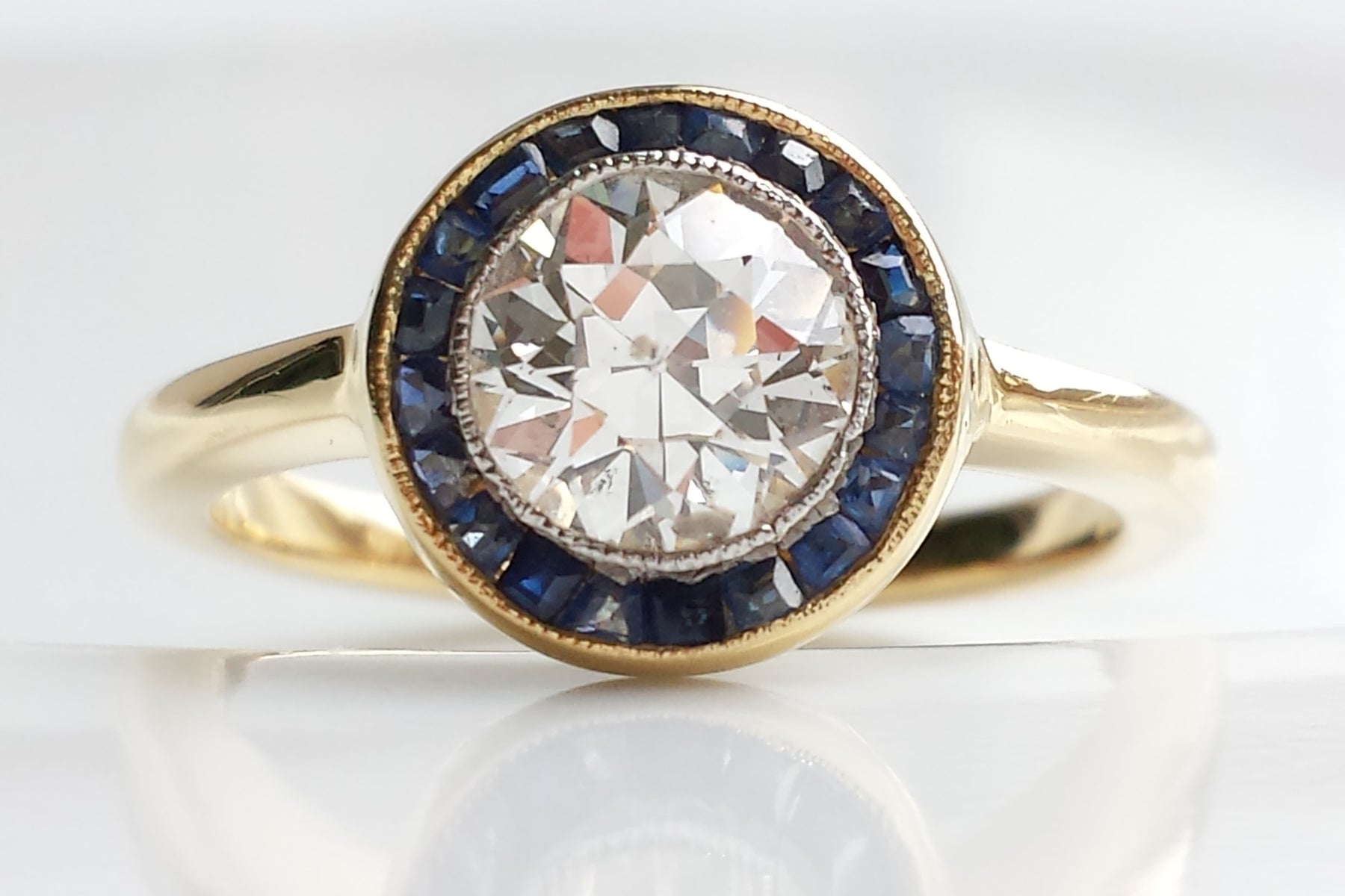 Art Deco Halo / Target Diamond & Sapphire Engagement Ring in 18k Yello