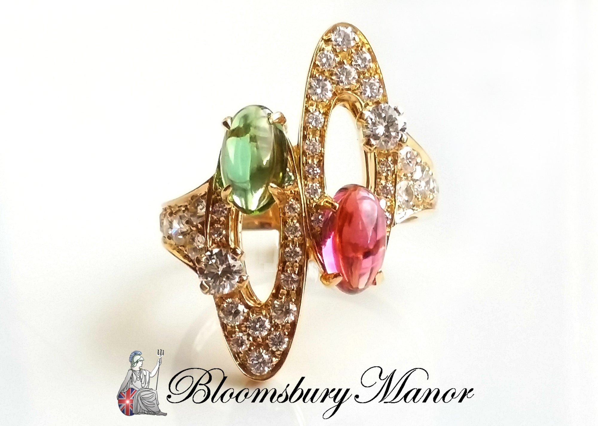 Bulgari 'Elisia' 18k Yellow Gold Ring with Diamonds & Green and Red To -  Bloomsbury Manor Ltd