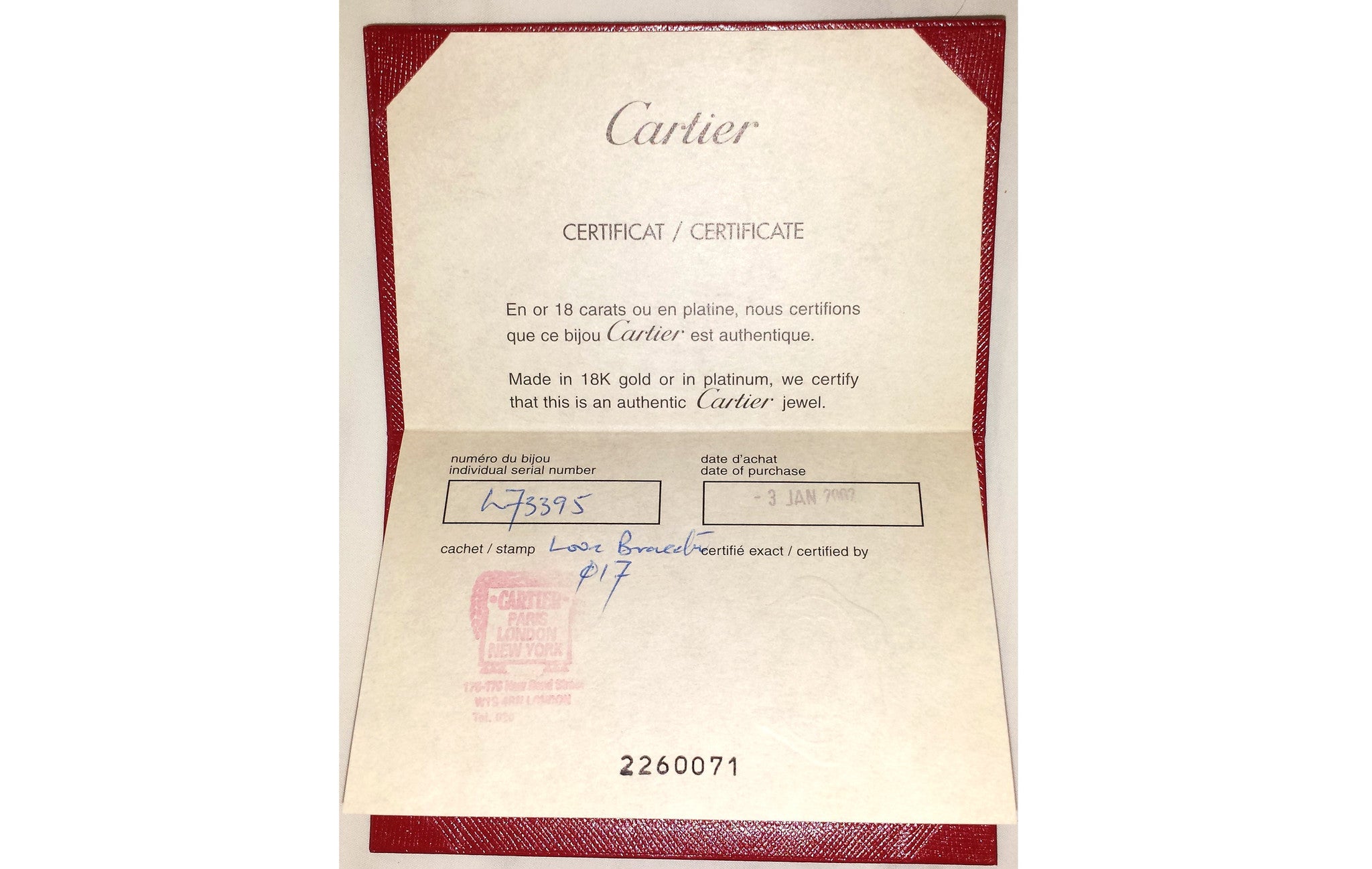 cartier certificate number