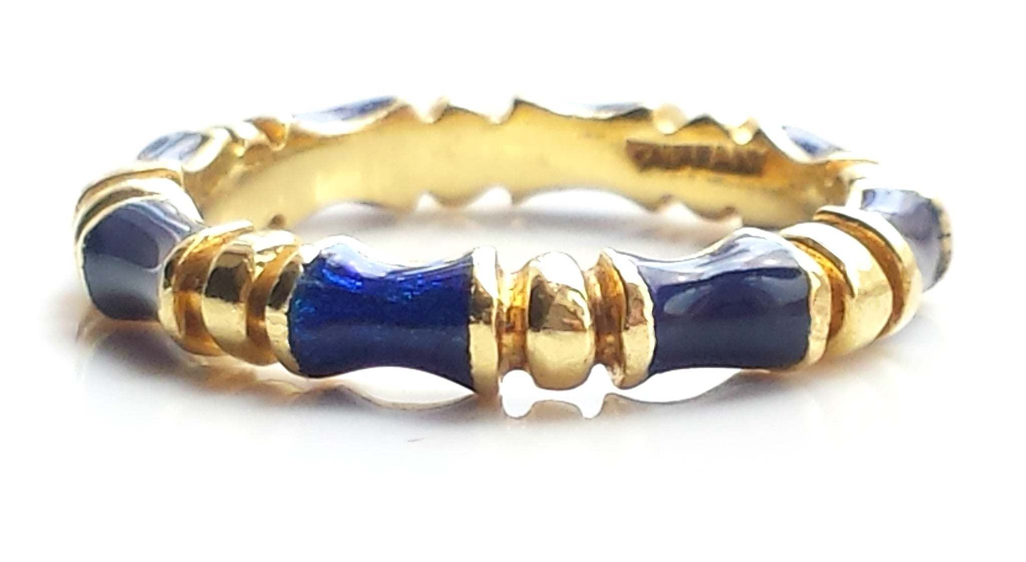 Vintage 1960s Bamboo Tiffany & Co Blue Enamel 18k Yellow Gold Ring Sz