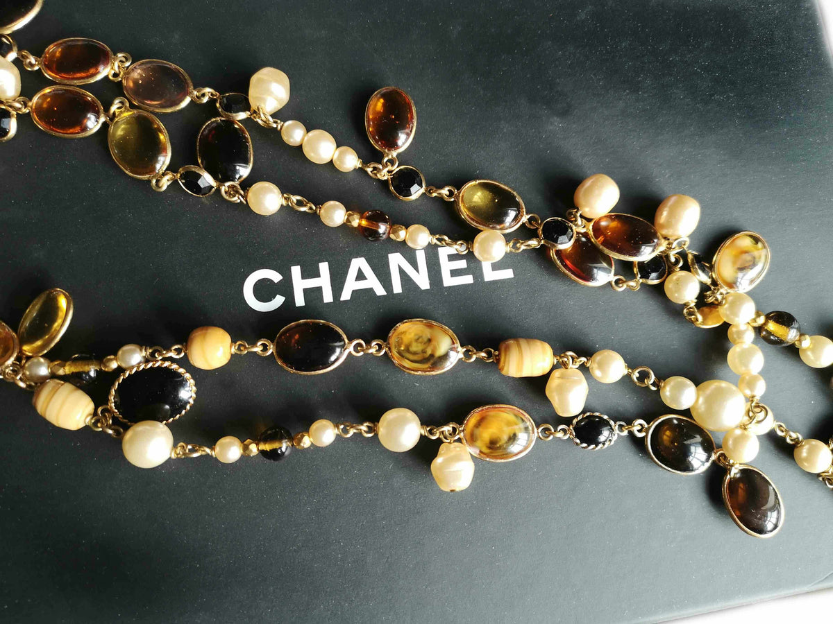 Chanel 01A 2001 Byzantine Cross Gripoix Poured Glass Coloured Stone Necklace  with Faux Pearls