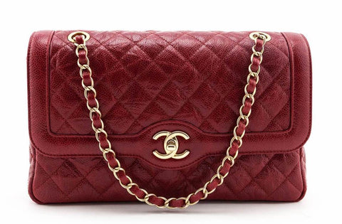 Chanel Red Quilted Crumpled Caviar Single Flap Bag AGHW
