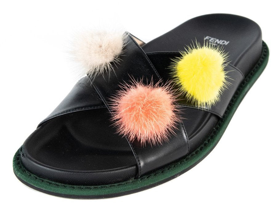 Fendi Black & Multicolor Mink Fur Pom-Pom Slide Sandals Size 8 | EU 38