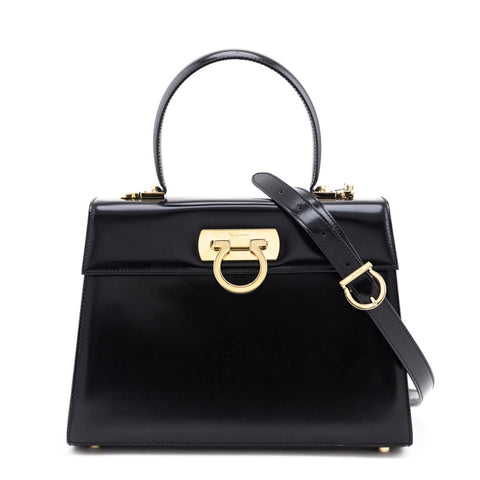 Shop the authentic gently preowned Ferragamo Shiny Black Brushed-Off Calfskin Medium Iconic Top Handle