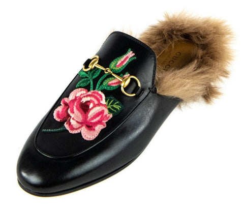 Gucci Black Leather Princetown Horsebit Accent Fur Trim Mules