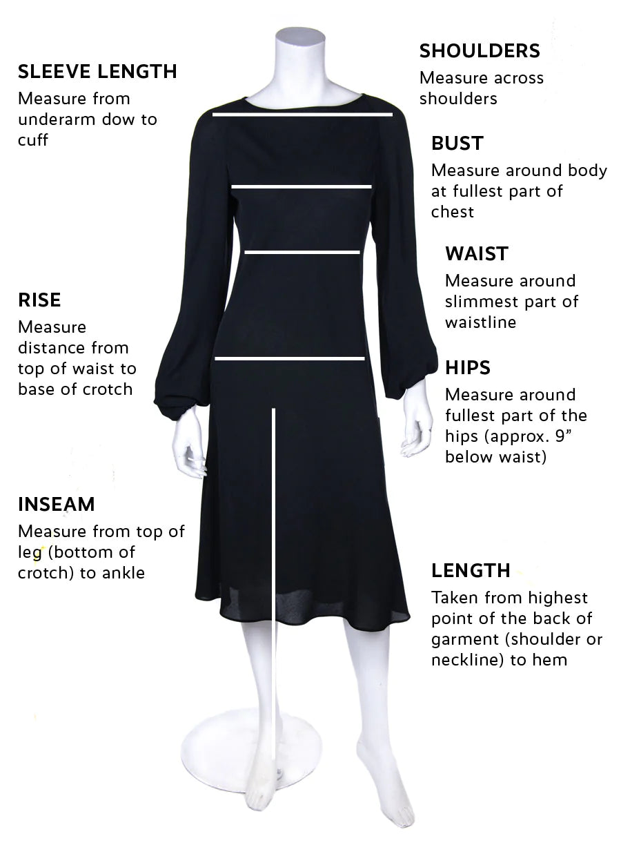 Measuring chart for authentic preloved designer clothing