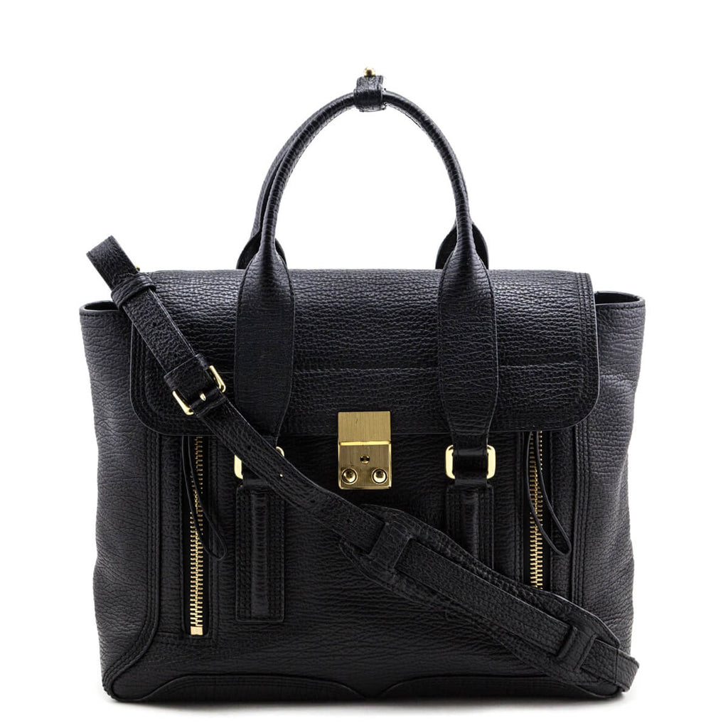 3.1 Phillip Lim Black Textured Calfskin Medium Pashli Satchel