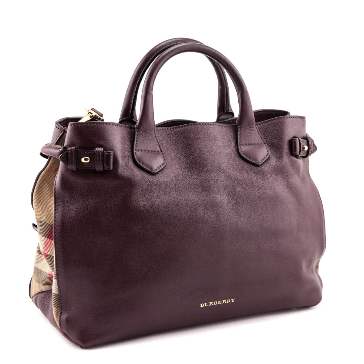 Burberry Burgundy Calfskin House Check Medium Banner Tote