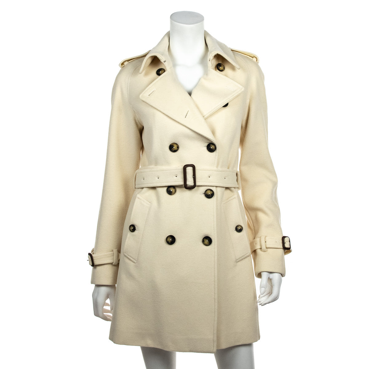 Burberry Ivory Wool Double Breasted Belted Coat - Burberry CA