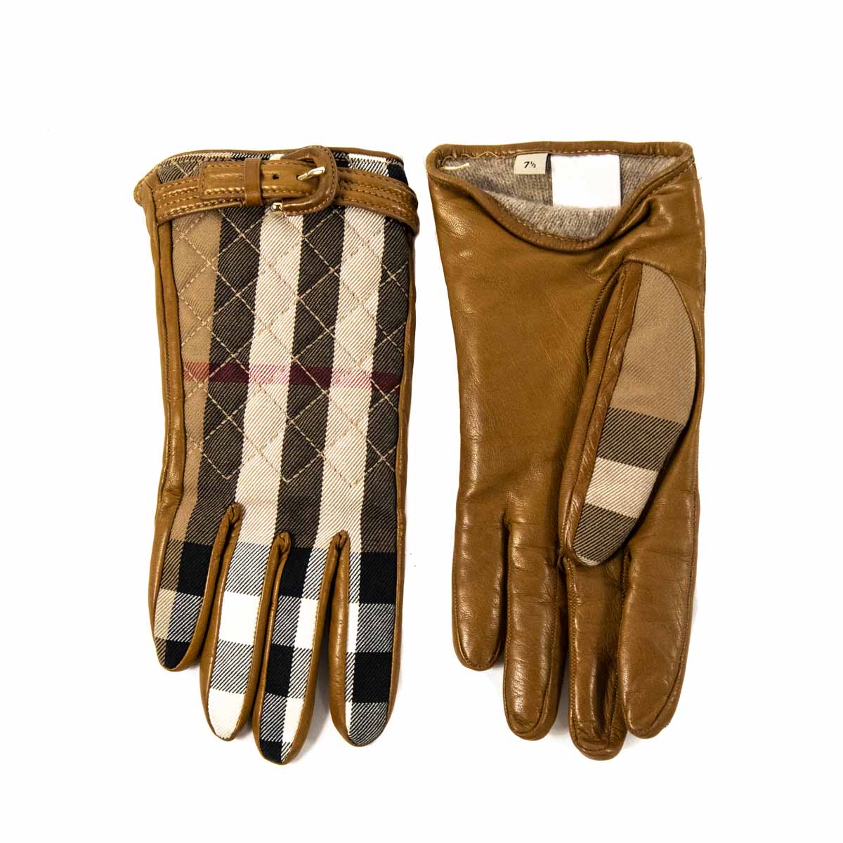 Burberry Tan Leather Check Buckle Gloves - Preowned Burberry Gloves CA