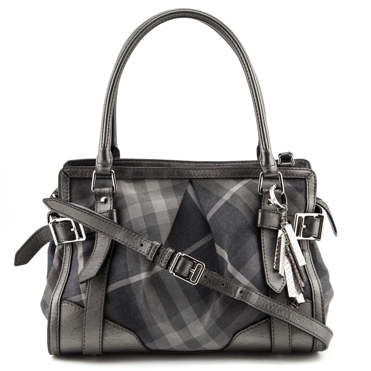 Burberry Gray Nova Check Metallic Leather-Trim Shoulder Bag