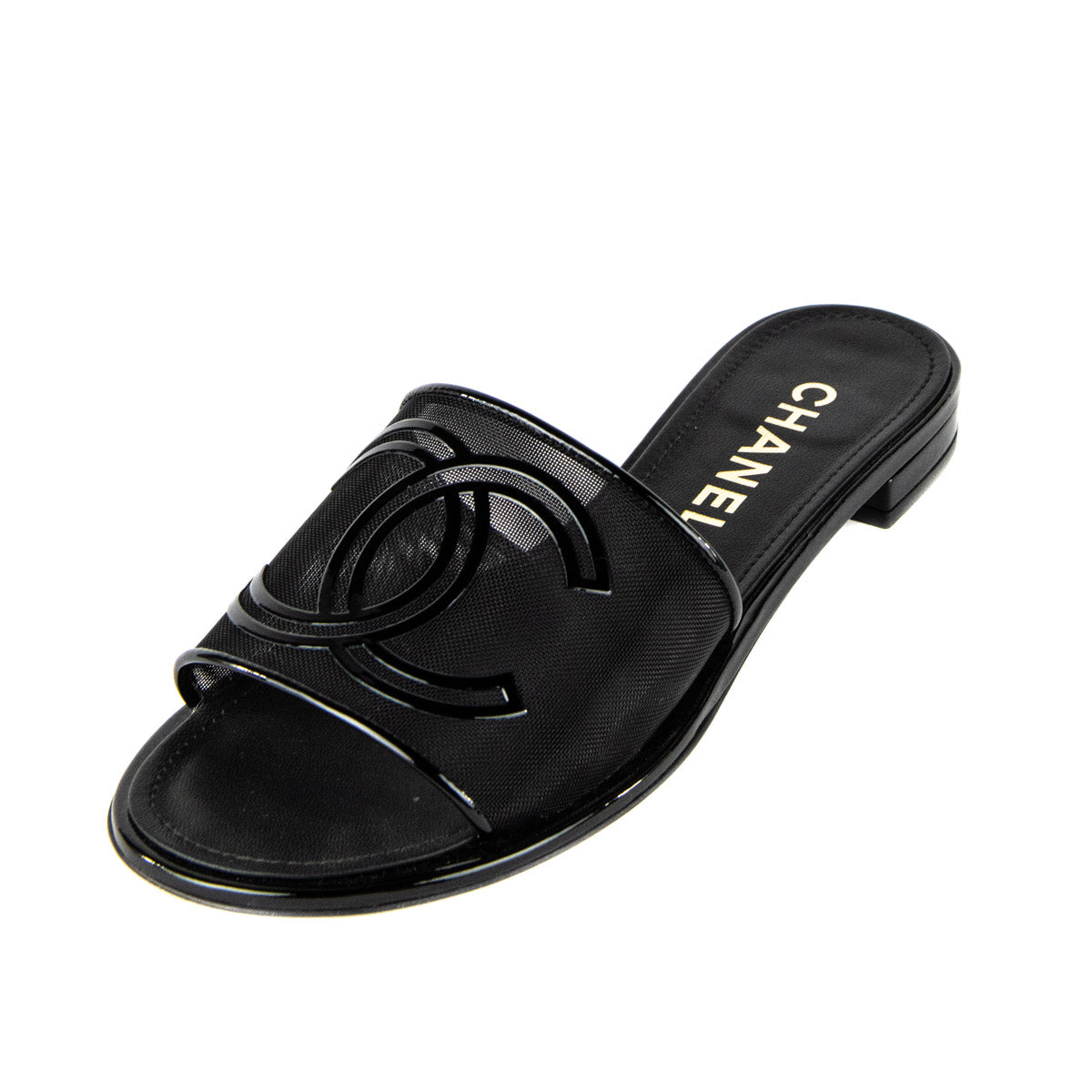 Chanel Black Leather & Mesh CC Slide Sandals - Chanel Footwear Canada